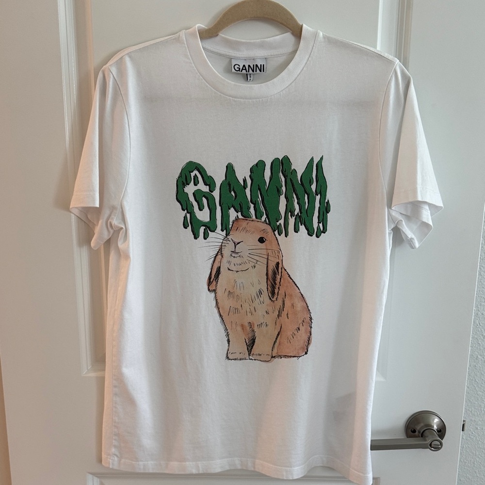 Ganni White Tee with Green Logo and Bunny Graphic - Picture 2 of 6